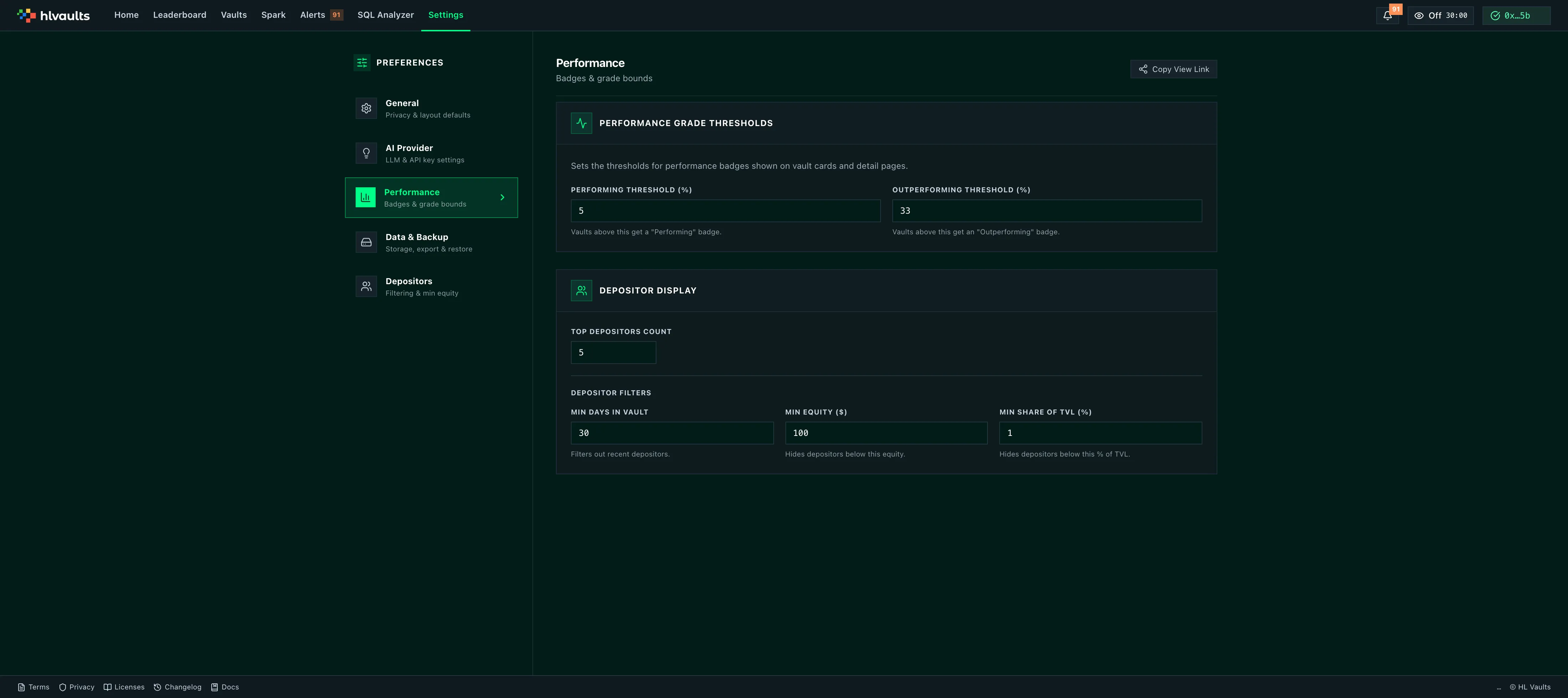 settings performance tab