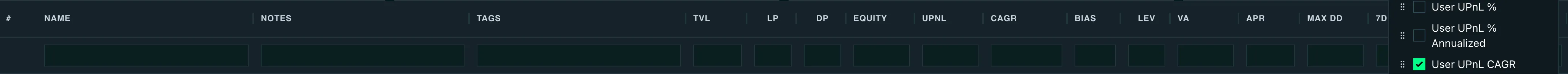 vaults column filters header
